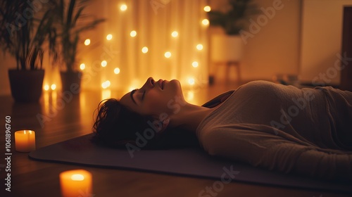 Candid photo of a person lying in corpse pose on a thick yoga mat, with a soft blanket and warm lighting, creating a relaxed vibe, 4k resolution