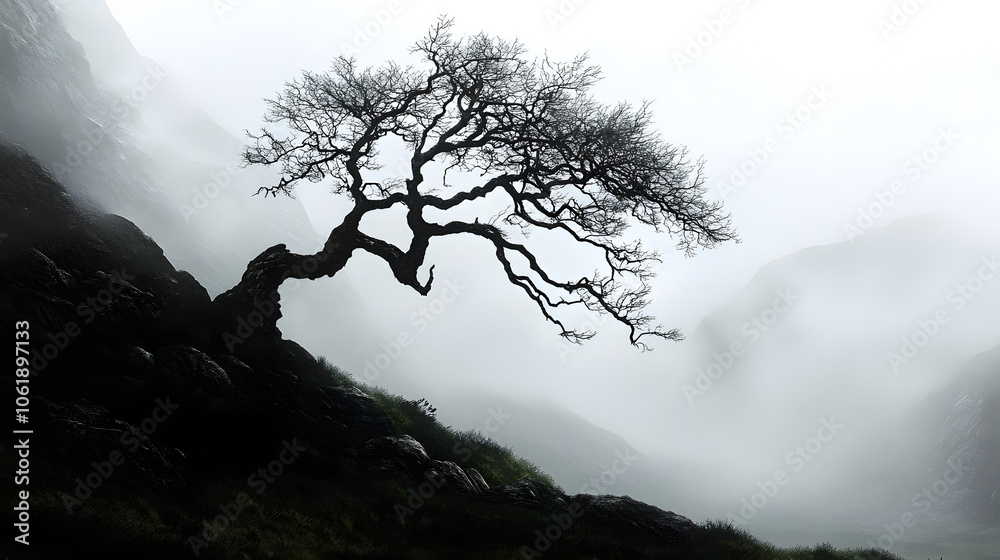An old, twisted tree silhouetted against the misty mountain backdrop.