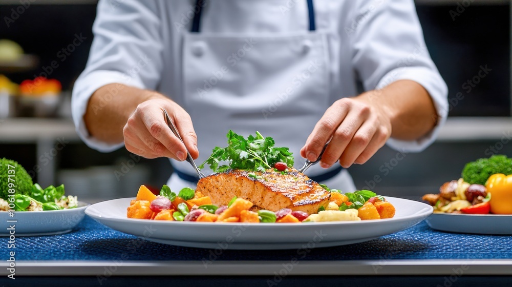 Chef Preparing Dishes with Fresh Ingredients in Professional Kitchen Setting Chef Preparing Dishes with Fresh Ingredients in Professional Kitchen Setting