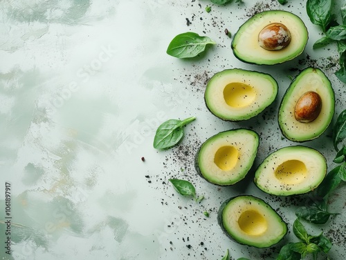 Fresh avocados and spinach arranged artistically on a rustic surface, showcasing nature\'s vibrant colors and textures photo