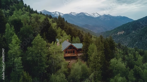 Drone photography of a mountain cabin nestled in dense forest, with snow-capped peaks in the distance, 4k resolution