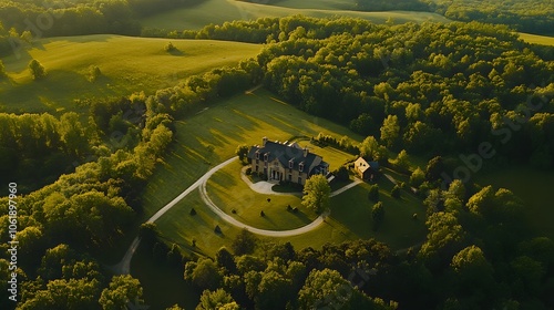Drone photography of a countryside estate with rolling green fields and wooded areas, creating a peaceful landscape, 4k resolution