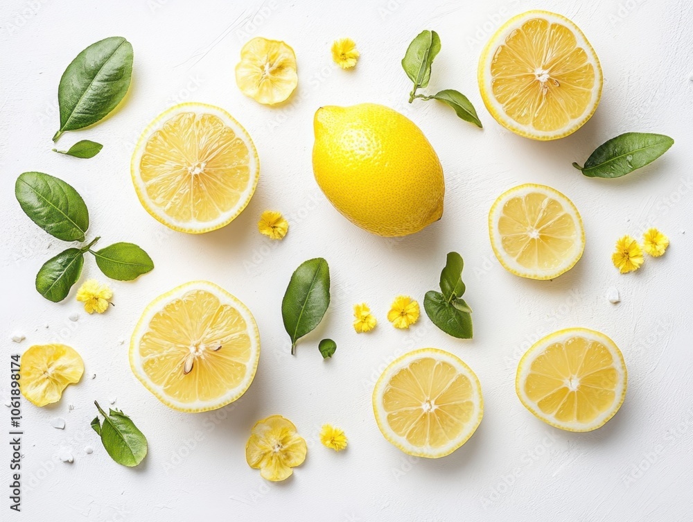 Fresh lemons and vibrant foliage create a cheerful display of nature\'s bounty on a light background Fresh lemons and vibrant foliage create a cheerful display of nature\'s bounty on a light background