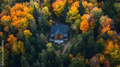 Drone photography of a mountain lodge with scenic trails and dense forests around, capturing natural beauty, 4k resolution