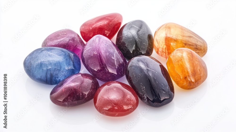 Polished spinel gemstones in a range of colors, arranged in a set on a white background Polished spinel gemstones in a range of colors, arranged in a set on a white background