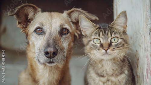 Dog and cat Let's be friends Sitting staring straight ahead , suspicious expression, Generative ai