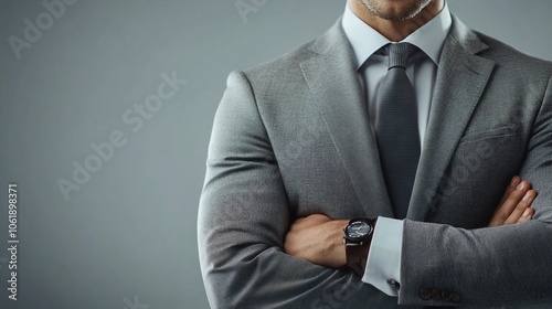 Closeup of a businessman with arms crossed, wearing a suit and tie.