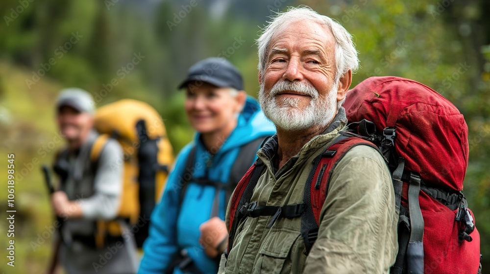 Older adventurers exploring a national park with the help of experienced guides. Older adventurers exploring a national park with the help of experienced guides.