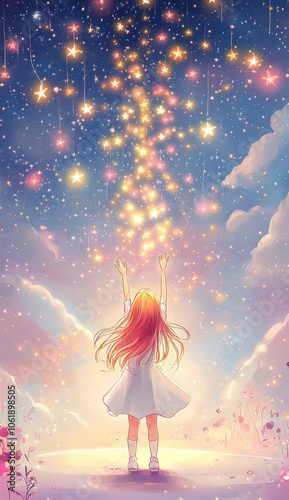 Little Girl Reaching for Falling Stars in Magical Sky	