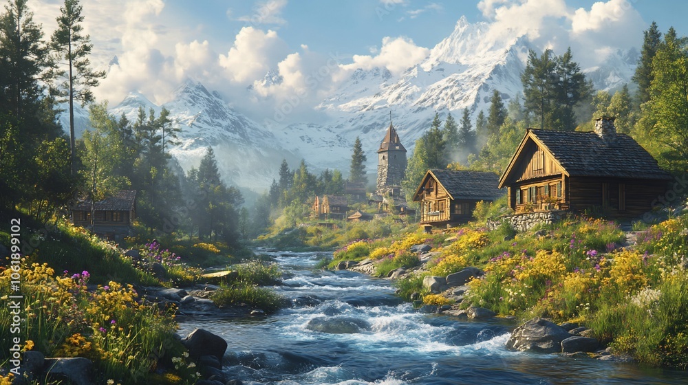 Naklejka premium Idyllic mountain village with a rushing stream and snow-capped peaks.