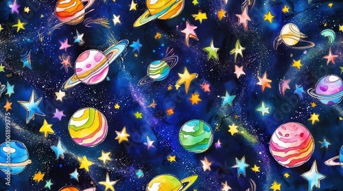  Whimsical Galaxy Scene with Colorful Planets and Stars in Cartoon Style