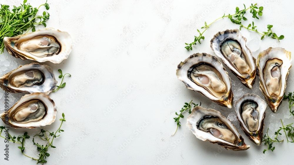 Minimal flat lay of freshly oysters isolate on ices with micro green decoration, white background Minimal flat lay of freshly oysters isolate on ices with micro green decoration, white background