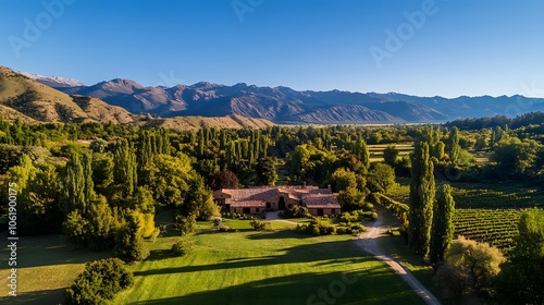 Drone photography of an Argentine vineyard estate at the base of the Andes, capturing a rustic and serene landscape, 4k resolution photo