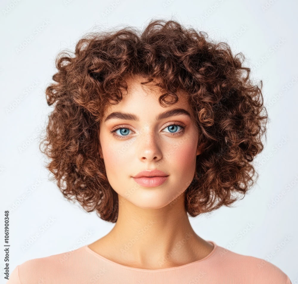 Closeup portrait of a young woman with curly brown hair and blue eyes Closeup portrait of a young woman with curly brown hair and blue eyes