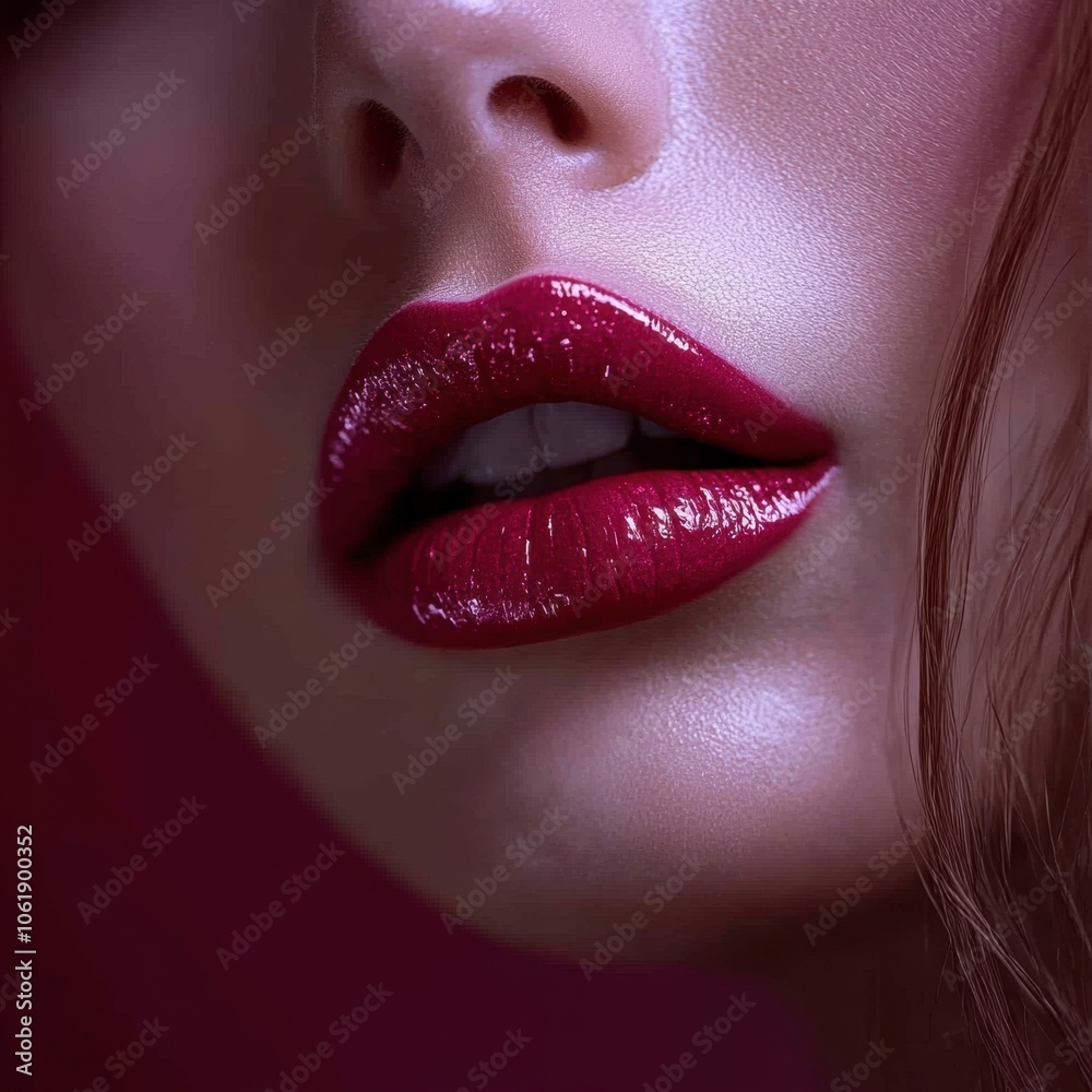 Obraz premium Radiant close-up of glossy red lips highlighted against a soft pink background, capturing beauty and elegance in a striking moment