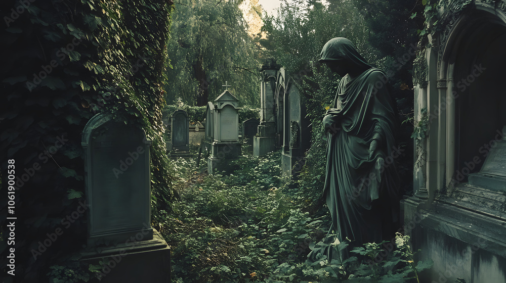 An overgrown cemetery where thick vines wrap around forgotten graves and statues. An overgrown cemetery where thick vines wrap around forgotten graves and statues.