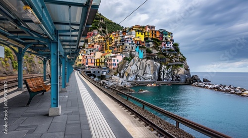View of railway station train line in famous village of Cinque Terre