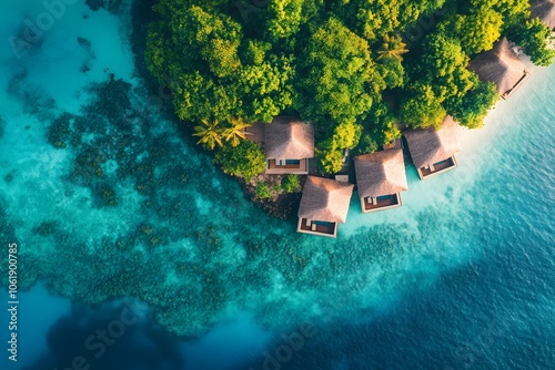 Drone photography of a tropical Fijian island resort with bungalows over clear blue water, surrounded by coral reefs, 4k resolution photo