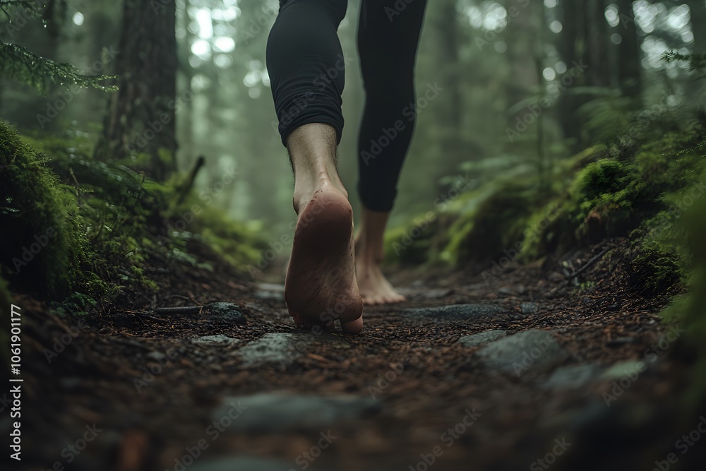 Beyond Binary photography of an individual walking barefoot on a forest path, eyes closed, hands slightly open, feeling the earth, 4k resolution Beyond Binary photography of an individual walking barefoot on a forest path, eyes closed, hands slightly open, feeling the earth, 4k resolution