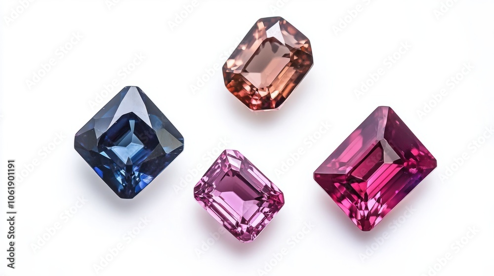 Selection of colorful spinel gems with dazzling facets and rich tones, on white background Selection of colorful spinel gems with dazzling facets and rich tones, on white background