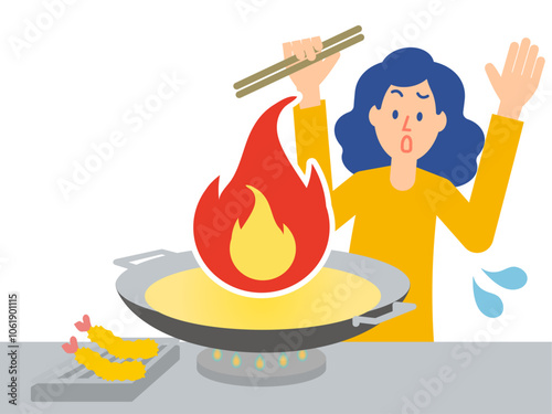 家庭内災害 - 揚げ物のための油が入った天ぷら鍋（中華鍋）の火災・火事のイメージイラスト。