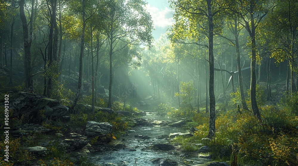 Fototapeta premium A serene forest scene with sunlight filtering through trees, illuminating lush greenery and a gentle stream.