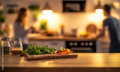 Wallpaper Mural Blurry Kitchen Scene with Cutting Board and Herbs	 Torontodigital.ca