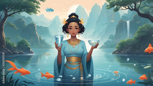 The goddess Nanshe, holding a cup of water, symbolizing purity and divination, with fish and aquatic symbols around her in a serene landscape. photo