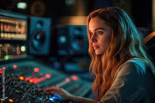 A female sound engineer surrounded by audio mixing buttons