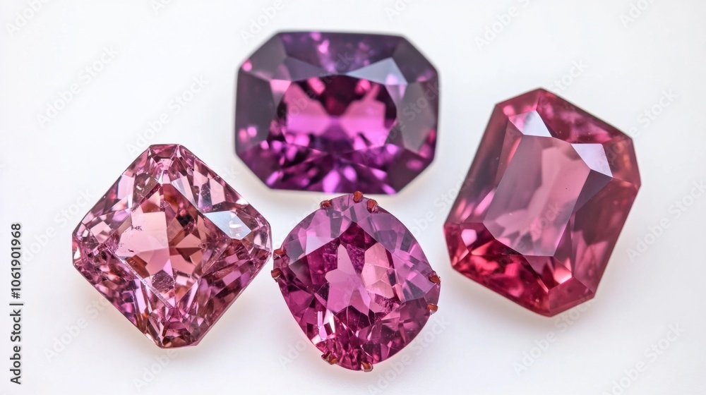 Selection of colorful spinel gems with dazzling facets and rich tones, on white background Selection of colorful spinel gems with dazzling facets and rich tones, on white background