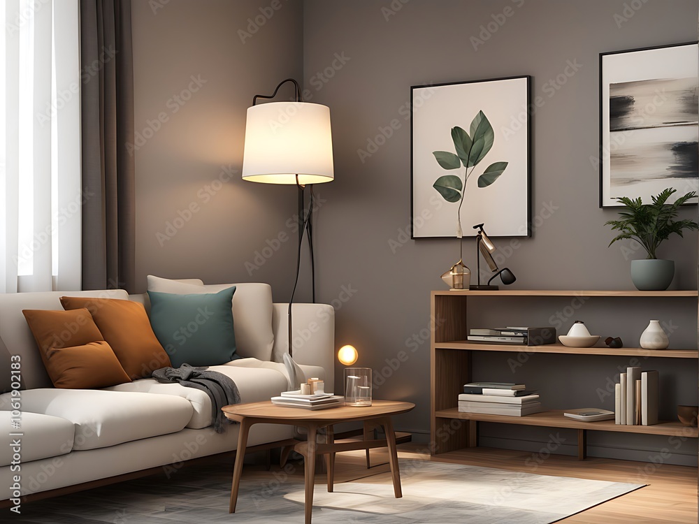 A Digital art style living room corner perfect mix of simplicity lamp and interior design A Digital art style living room corner perfect mix of simplicity lamp and interior design