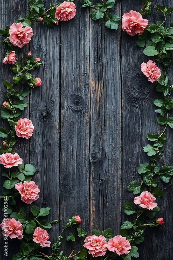 Beautiful floral frame on rustic wooden background ideal for celebrations invitations or artistic displays of nature's elegance