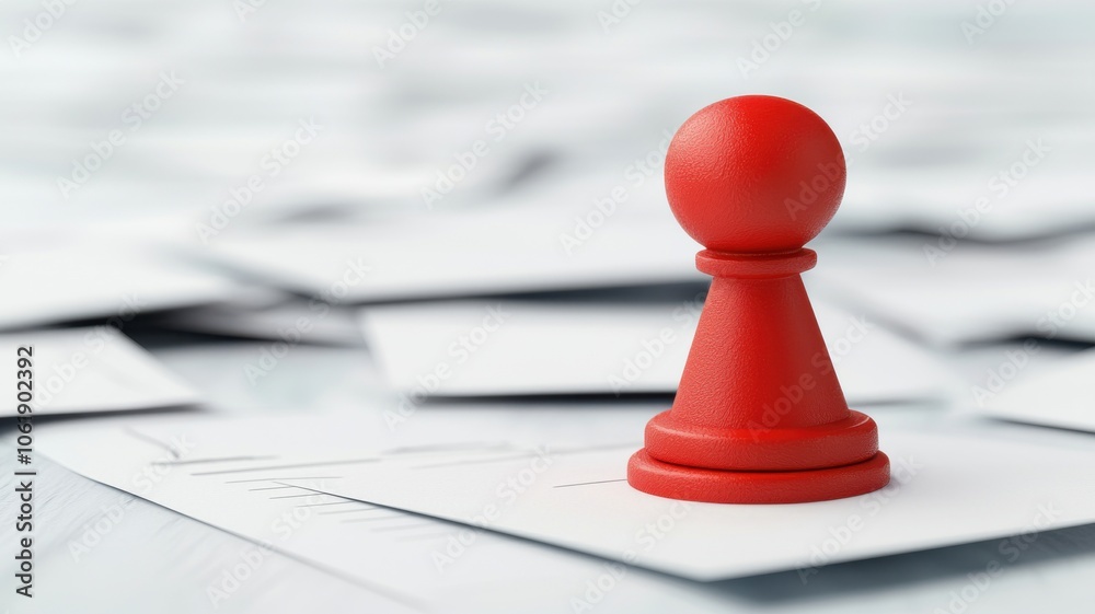 A vivid red pawn stands on scattered papers, symbolizing strategy and decision-making in a dynamic environment. A vivid red pawn stands on scattered papers, symbolizing strategy and decision-making in a dynamic environment.