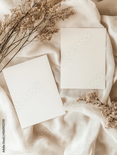 Blank Cards on Beige Fabric with Dried Flowers	