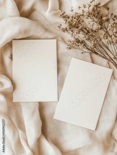 Blank Cards on Beige Fabric with Dried Flowers 