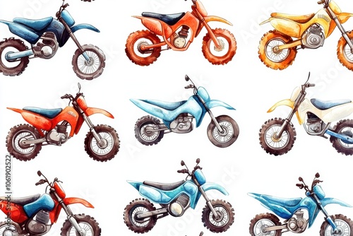 Colorful collection of dirt bikes in various styles and designs, perfect for sports and adventure themes. photo