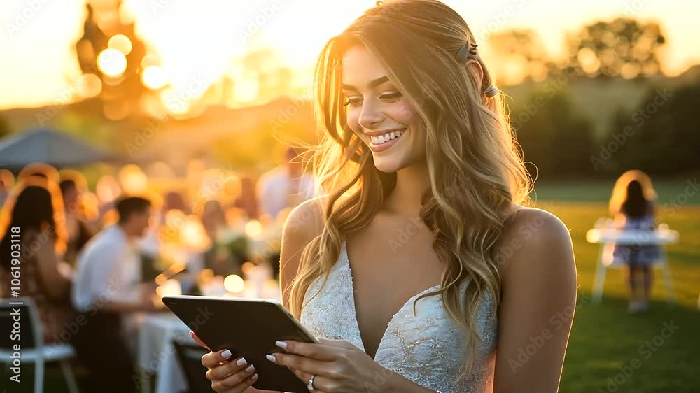 A close-up of a smiling event planner reviewing her tablet while overseeing final touches on a luxurious outdoor wedding reception, set against a vibrant sunset backdrop.