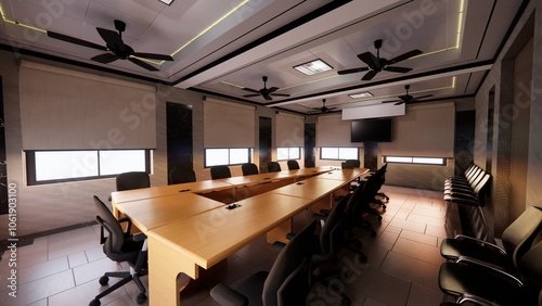 modern conference hall interior design with triangle shape sitting and modern ceiling and windows