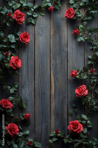 Elegant red roses framing a rustic wooden background a captivating floral display for design and decor inspiration