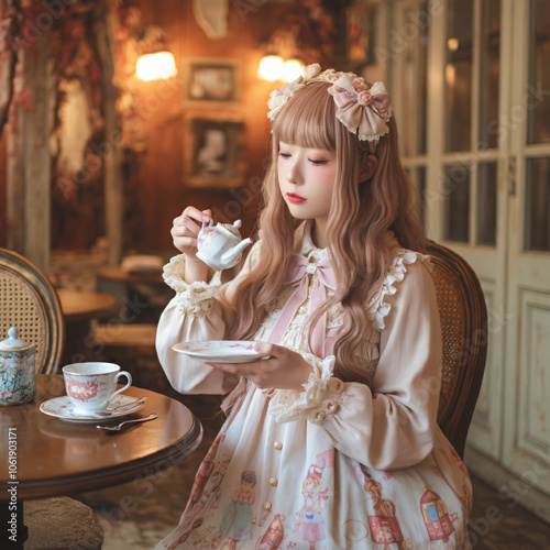 Elegant Woman in Lolita Fashion Enjoying Tea in Vintage Cafe