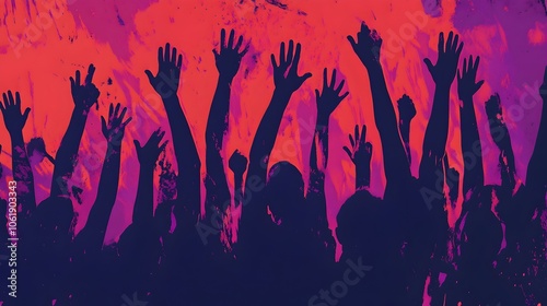 Uplifted Hands in Colorful Silhouette Crowd - Symbol of Solidarity and Strength