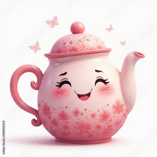 Adorable Teapot with Smiling Face and Butterflies Illustration
