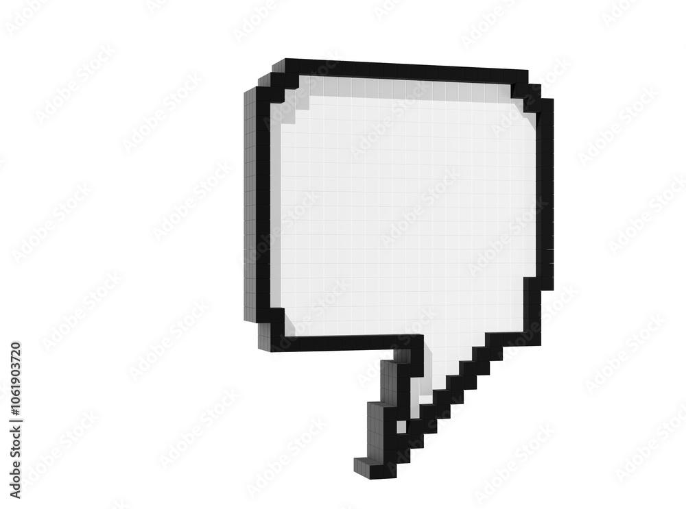 Empty, blank, square shaped 3D pixelized voxel speech bubble or balloon isolated on white background Empty, blank, square shaped 3D pixelized voxel speech bubble or balloon isolated on white background