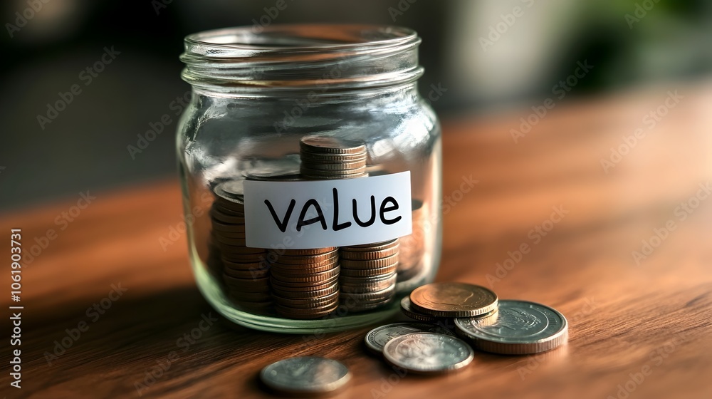 Clear Glass Jar Labeled 'Value' with Coins Representing Financial Worth and Cost Clear Glass Jar Labeled 'Value' with Coins Representing Financial Worth and Cost