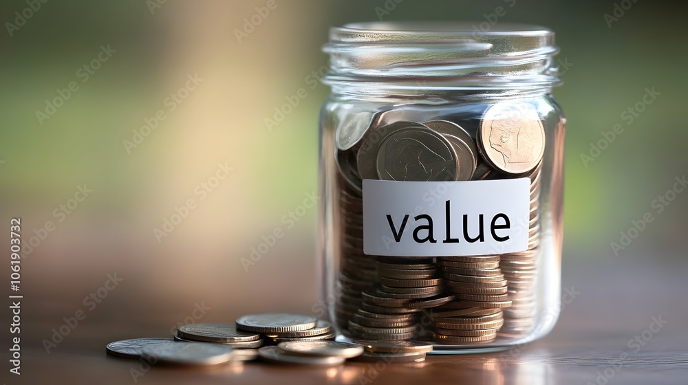 Clear Glass Jar Labeled Value with Coins Representing Financial Worth Clear Glass Jar Labeled Value with Coins Representing Financial Worth