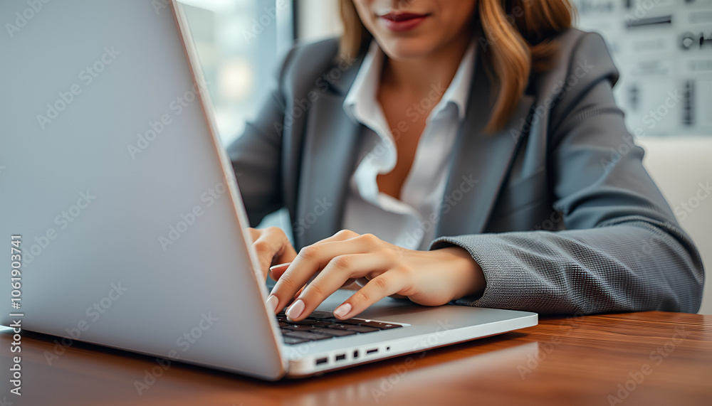 Close-up of hand of businesswoman working using laptop computer on wooden table in the office