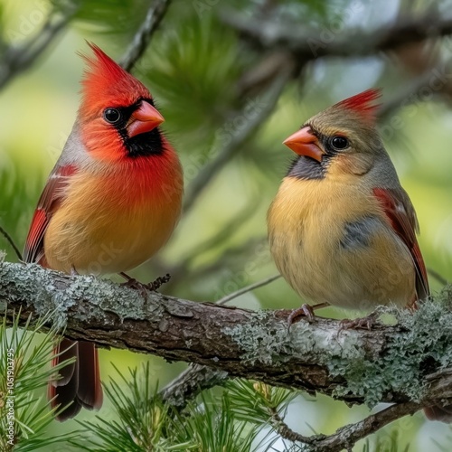 A vibrant pair of cardinals perched on a branch amidst the greenery of springtime in a serene forest photo