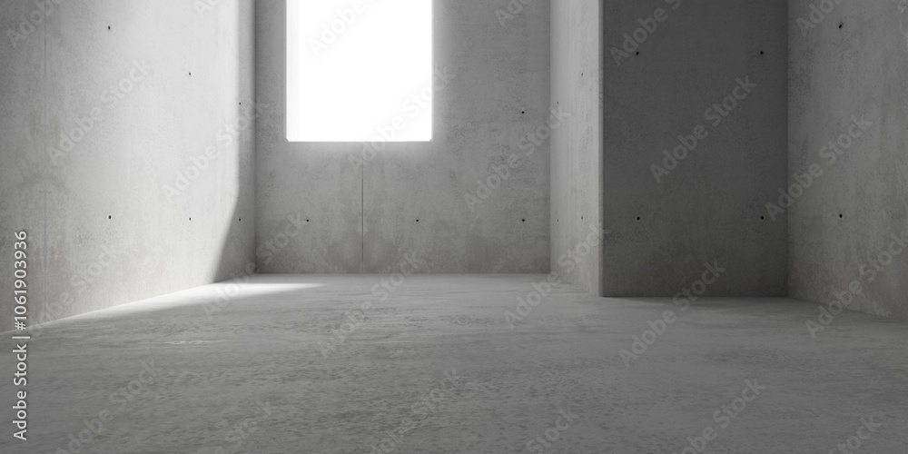 Abstract empty, modern concrete room with huge window opening, sunlight shadow and rough floor - industrial interior background template Abstract empty, modern concrete room with huge window opening, sunlight shadow and rough floor - industrial interior background template