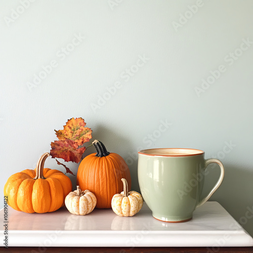 Embrace the cozy vibes of fall with a pumpkin spice latte in hand, surrounded by mini pumpkins and autumn leaves!