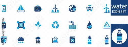W icon collection real estate. Drop Water, Mineral Water, Low and High Tide, Shower, Plastic Bottle and Glass. Editable stroke